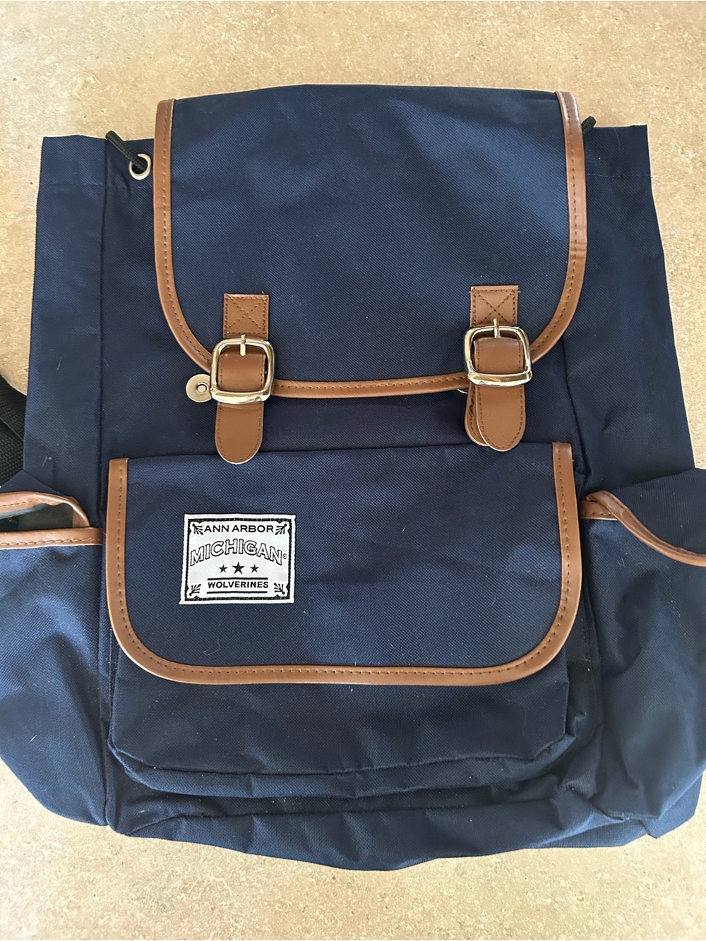 Navy Blue Backpack with Brown Trim - Michigan Patch